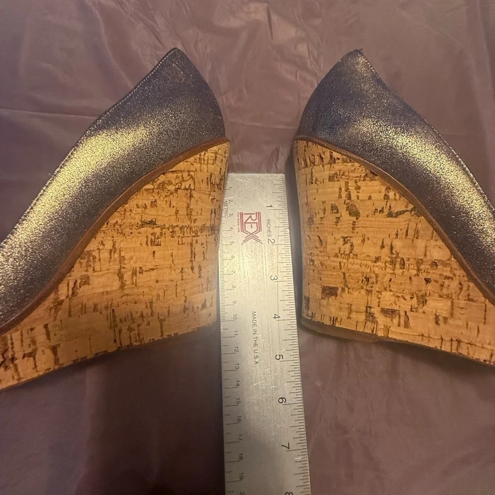 Brian Atwood Metallic Gold/Silver Leather 4”Cork Wedge Heels Size 8.5 MSRP $595